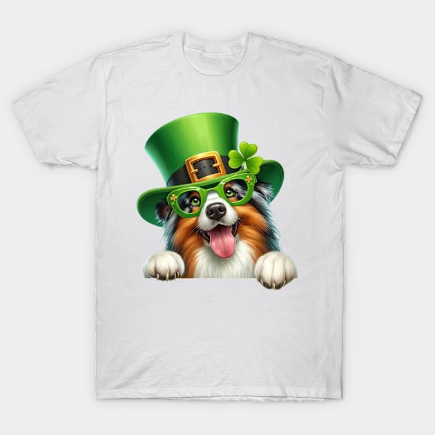 St Patricks Day Peeking Australian Shepherd Dog T-Shirt by Chromatic Fusion Studio